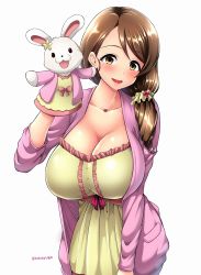 Rule 34 | 10s, 1girl, blush, breasts, brown eyes, brown hair, cleavage, collarbone, dress, female focus, hair ornament, hair scrunchie, hand puppet, huge breasts, idolmaster, idolmaster cinderella girls, jewelry, long hair, looking at viewer, mature female, mochida arisa, necklace, open mouth, puppet, rabbit, scrunchie, simple background, solo, standing, stuffed animal, stuffed toy, tobayuga, umasan, upper body, white background