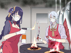 Rule 34 | 1boy, 1girl, apron, blood, blood on clothes, blood on face, blue hair, braid, breasts, cleavage, fire, fish, food, genshin impact, gloves, hair between eyes, hair ornament, holding, indoors, japanese clothes, kamisato ayato, large breasts, long hair, looking at viewer, mask, mouth mask, plate, purple eyes, purple hair, raiden shogun, red apron, soranomonooki, sushi, white gloves, white mask