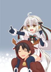 Rule 34 | ahoge, alternate costume, animal costume, asazuki norito, bell, black gloves, black hair, bow, capelet, carrying, closed eyes, elbow gloves, fake antlers, fate/grand order, fate (series), flat chest, fujimaru ritsuka (male), fur-trimmed capelet, fur trim, gloves, hair bow, headpiece, highres, jeanne d&#039;arc (fate), jeanne d&#039;arc alter santa lily (fate), long hair, open mouth, pointing, reindeer costume, ribbon, shoulder carry, smile, striped ribbon, sweatdrop, white capelet, yellow eyes