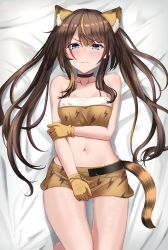 Rule 34 | 1girl, animal ears, bare shoulders, black choker, blue eyes, blush, brown hair, choker, commission, from above, gloves, highres, idol corp, long hair, looking at viewer, lying, m.a.o, navel, on back, on bed, roca rourin, second-party source, solo, stomach, tail, tiger ears, tiger tail, twintails, virtual youtuber, yellow gloves