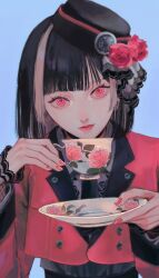 Rule 34 | 1girl, absurdres, bedr2221, black hair, black hat, black necktie, collared shirt, cropped jacket, cup, flower, frilled hat, frilled sleeves, frills, hat, highres, holding, holding cup, jacket, kyogoku masamune, lace, lace sleeves, lipstick, looking at viewer, makeup, multicolored hair, nail polish, necktie, plate, red eyes, red jacket, ringed eyes, shirt, short hair, simple background, solo, tea, teacup, touken ranbu, two-tone hair, upper body