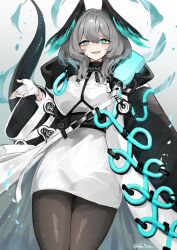 Rule 34 | 1girl, andou yuna, aqua eyes, aqua wings, arknights, artist name, black pantyhose, coat, commentary, cowboy shot, dress, fangs, fingerless gloves, gloves, gradient background, grey hair, hair between eyes, head wings, highres, ho&#039;olheyak (arknights), long coat, looking at viewer, medium hair, open clothes, open coat, open mouth, pantyhose, signature, slit pupils, smile, snake tail, solo, tail, white dress, white gloves, wings
