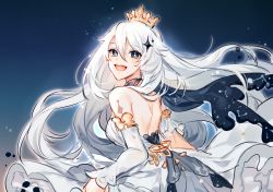 Rule 34 | 1girl, absurdres, aged up, alternate hair length, alternate hairstyle, back, bare back, bare shoulders, blue eyes, cape, constellation, crown, detached sleeves, dress, floating cape, flora blossom, from behind, genshin impact, hair between eyes, hair ornament, highres, long hair, long sleeves, looking at viewer, looking back, median furrow, night, night sky, open mouth, paimon (genshin impact), simple background, sky, smile, solo, star (sky), upper body, very long hair, white background, white dress