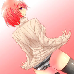 Rule 34 | 1girl, ass, blush, breasts, female focus, from behind, highres, looking back, open mouth, original, panties, parted lips, purple eyes, red hair, short hair, sideboob, solo, striped clothes, striped panties, sweater, thighhighs, turtleneck, underwear, watarui