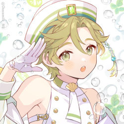Rule 34 | 1boy, aged down, bare shoulders, beads, blush, chocomilk nu, gem, gloves, green eyes, green hair, long sleeves, looking at viewer, male focus, nu carnival, olivine (nu carnival), open mouth, salute, short hair, tassel, white gloves, white headwear
