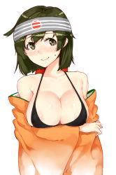 Rule 34 | 10s, 1girl, areola slip, breast hold, breasts, cleavage, female focus, hiryuu (kancolle), kantai collection, large breasts, poco (backboa), short hair, simple background, smile, solo, white background