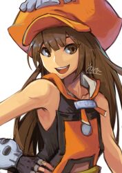 Rule 34 | 1girl, black gloves, brown eyes, brown hair, fingerless gloves, gloves, guilty gear, guilty gear xrd, hat, hat ornament, highres, long hair, looking at viewer, may (guilty gear), open mouth, orange headwear, orange shirt, pirate, pirate hat, shirt, skull and crossbones, skull hat ornament, smile, yora