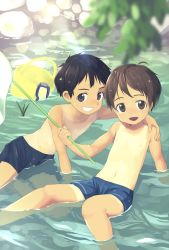 Rule 34 | 2boys, ahoge, arm support, bad id, bad pixiv id, black hair, blue male swimwear, blue swim trunks, brown eyes, brown hair, child, diving mask, diving mask removed, goggles, unworn goggles, grin, hand net, hand on shoulder, male focus, male swimwear, multiple boys, net, nipples, open mouth, original, smile, summer, swim trunks, swimsuit, tan, topless male, water, yuki (vicious)