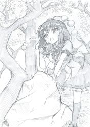 Rule 34 | 1girl, boulder, bow, bowtie, buttons, camera, collar, collared shirt, forest, frilled skirt, frills, full body, greyscale, hat, highres, kneehighs, leaf, leaning on object, mahiro (akino-suisen), monochrome, nature, pom pom (clothes), puffy sleeves, rock, shameimaru aya, shirt, shoes, short hair, short sleeves, skirt, socks, solo, strap, tokin hat, touhou, traditional media, tree