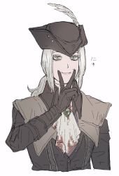 Rule 34 | 1girl, black gloves, blood, bloodborne, blood on clothes, feathers, forced smile, gem, gloves, green eyes, grey hair, hat, hat feather, highres, lady maria of the astral clocktower, lfoudon, long hair, ponytail, signature, simple background, smile, solo, upper body, v, white background