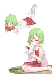 Rule 34 | 1girl, aged down, barefoot, closed mouth, commentary request, dress, food, fruit, green hair, holding, holding food, kazami yuuka, looking at viewer, lying, multiple views, on stomach, petite, plaid, plaid dress, red dress, seiza, short hair, simple background, sitting, socks, tohoyuukarin, touhou, watermelon, watermelon slice, white background, white socks