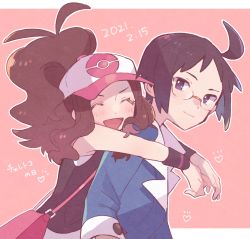 Rule 34 | 1boy, 1girl, :d, ahoge, antenna hair, baseball cap, blush, brown hair, cheren (pokemon), closed eyes, closed mouth, commentary request, creatures (company), eyelashes, game freak, glasses, happy, hat, heart, high ponytail, highres, hilda (pokemon), hug, hug from behind, jacket, long hair, looking at viewer, misha (ohds101), nintendo, open mouth, outline, pink bag, pokemon, pokemon bw, shirt, sidelocks, smile, tongue, two-tone headwear, vest, wristband