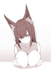 Rule 34 | 1girl, absurdres, animal ear fluff, animal ears, breast rest, breasts, cleavage, closed mouth, collarbone, covering privates, covering breasts, fox ears, frown, gradient background, highres, large breasts, long hair, looking at viewer, monochrome, nekojira, nude, original, simple background, sketch, solo, upper body, white background