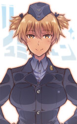 Rule 34 | 1girl, blonde hair, blush, brave witches, breasts, brown eyes, closed mouth, em (totsuzen no hakike), hat, large breasts, looking at viewer, military, military hat, military uniform, shiny skin, short hair, smile, solo, twintails, uniform, upper body, waltrud krupinski, world witches series