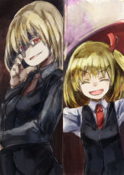 Rule 34 | 1girl, ^ ^, black suit, blonde hair, blouse, closed eyes, collared shirt, colored eyelashes, ex-rumia, closed eyes, formal, jacket, necktie, outstretched arms, red eyes, rumia, shirt, side ponytail, suit, touhou, v-shaped eyebrows, white shirt, yohane