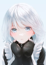 Rule 34 | 1girl, absurdres, apron, blush, close-up, frills, grey eyes, hand on own face, highres, long sleeves, looking at viewer, maid apron, ojay tkym, original, parted lips, short hair, signature, simple background, sleeves past wrists, solo, upper body, white hair, zipper