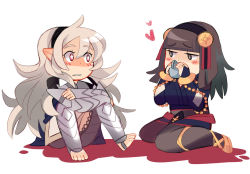 Rule 34 | + +, 2girls, barefoot, black hair, blush, chibi, corrin (female) (fire emblem), corrin (fire emblem), cup, drinking, eye contact, fire emblem, fire emblem fates, hairband, heart, hime cut, jewelry, looking at another, multiple girls, nintendo, rhajat (fire emblem), ring, seiza, silver hair, simple background, sitting, star-shaped pupils, star (symbol), symbol-shaped pupils, teacup, yuri, yusaname