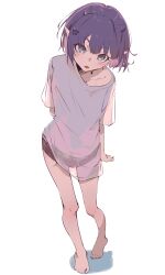 Rule 34 | 1girl, absurdres, animal ears, arms behind back, barefoot, black hair, black shorts, blush, bob cut, commentary, feet, flat chest, full body, grey eyes, hair ornament, hairclip, highres, hololive, hololive english, looking at viewer, ninomae ina&#039;nis, ninomae ina&#039;nis (loungewear), official alternate costume, official alternate hair length, official alternate hairstyle, open mouth, pointy ears, raven mido, see-through, see-through shirt, see-through silhouette, shirt, short hair, short shorts, shorts, simple background, solo, t-shirt, virtual youtuber, white background, white shirt
