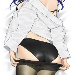 Rule 34 | ass, black bra, black panties, blue hair, bra, breasts, clothes pull, highres, long hair, long sleeves, lying, miru tights, nakabeni yua, off shoulder, on stomach, open clothes, open shirt, panties, pantyhose, pantyhose pull, shirt, skindentation, solo, underwear, white shirt, yomu (sgt epper)