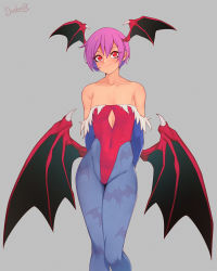 Rule 34 | 1girl, animal print, arms behind back, bare shoulders, bat print, bat wings, breasts, bridal gauntlets, commentary, covered navel, darahan, demon girl, english commentary, flat chest, grey background, head wings, leotard, lilith aensland, looking at viewer, pantyhose, print pantyhose, purple hair, red eyes, red leotard, short hair, simple background, smile, solo, vampire (game), wings