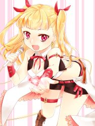 Rule 34 | 1girl, :d, belt, blonde hair, boots, breasts, cleavage, detached collar, fang, gem, hair ribbon, heart, highres, leaning forward, microphone, music, open mouth, red eyes, ribbon, shorts, singing, smile, solo, thigh strap, tokyo 7th sisters, totobuki, two side up, uesugi u. kyouko