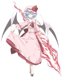 Rule 34 | 1girl, adapted costume, bat wings, blue hair, dress, hat, holding clothes, holding dress, looking at viewer, mary janes, mob cap, neckerchief, pink dress, red eyes, remilia scarlet, sakuraba yuuki, shoes, short hair, slit pupils, smile, solo, spear the gungnir, touhou, white background, wings