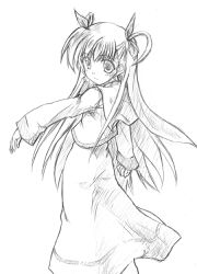 Rule 34 | 00s, 1girl, dress, from side, greyscale, hair ribbon, kusakami akira, long hair, long sleeves, looking afar, looking to the side, lyrical nanoha, mahou shoujo lyrical nanoha, mahou shoujo lyrical nanoha strikers, monochrome, outstretched arms, ribbon, sailor collar, sailor dress, school uniform, serafuku, simple background, solo, two side up, uniform, very long hair, vivio, white background