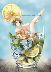 Rule 34 | 10s, 1girl, absurdres, bad id, bad pixiv id, bare shoulders, barefoot, brown hair, bubble, cup, dress, drink, feet, food, fruit, glasses, hair ornament, highres, ice, in container, in cup, koizumi hanayo, legs, legs up, lemon, lime (fruit), looking at viewer, love live!, love live! school idol project, mini person, minigirl, orange (fruit), orange slice, purple eyes, short hair, solo, yue (hamiwxy)