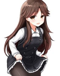Rule 34 | 10s, 1girl, :d, arashio (kancolle), arashio kai ni (kancolle), blush, brown eyes, brown hair, clothes lift, don (29219), dress, dress lift, frilled dress, frills, kantai collection, lifted by self, long hair, long sleeves, looking at viewer, open mouth, pantyhose, pinafore dress, simple background, sleeveless, sleeveless dress, smile, solo, white background