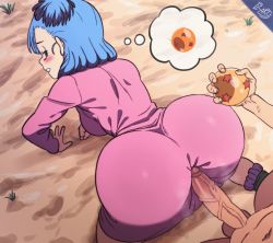 Rule 34 | 1boy, 1girl, all fours, animated, animated gif, ass, biting own lip, blue hair, blush, bulma, buttjob, buttjob over clothes, clothed female nude male, crystal ball, d-art, doggystyle, dragon ball, highres, holding, holding crystal, huge ass, large penis, looking back, medium hair, nude, penetration through clothes, penis, ponytail, purple eyes, sex, sex from behind, side ponytail, speech bubble, through clothes, uncensored, veins, veiny penis