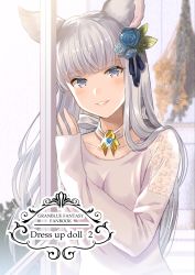 Rule 34 | 1girl, animal ears, black ribbon, blue flower, blue rose, blunt bangs, blurry, blurry background, blush, collarbone, commentary request, copyright name, cover, cover page, depth of field, dress, erune, flower, granblue fantasy, grey hair, hair flower, hair ornament, hair ribbon, head tilt, highres, korwa, long hair, long sleeves, looking at viewer, myusha, parted lips, purple eyes, ribbon, rose, sleeves past wrists, smile, solo, sparkle, sweater, upper body, very long hair, white dress, window