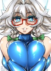 Rule 34 | 1girl, alternate costume, bare shoulders, bespectacled, blue eyes, blue gloves, blue leotard, bow, braid, breast press, breasts, covered erect nipples, deep skin, elbow gloves, glasses, gloves, green bow, grey hair, grin, hair between eyes, hair bow, hair intakes, highres, izayoi sakuya, large breasts, leotard, lips, looking at viewer, red-framed eyewear, shiny clothes, shiny skin, side braid, signature, skin tight, smile, solo, tajima yuuki, touhou, twin braids, twintails
