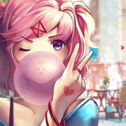 Rule 34 | 1girl, blue shirt, blurry, blurry background, bracelet, blowing bubbles, chewing gum, collarbone, doki doki literature club, hair ornament, hairclip, hannah santos, highres, jewelry, looking at viewer, natsuki (doki doki literature club), one eye closed, pink eyes, pink hair, ring, shirt, short hair, solo, star-shaped pupils, star (symbol), swept bangs, symbol-shaped pupils, teeth, two side up, v, wink