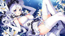 Rule 34 | 1girl, air bubble, anchor, azur lane, bad id, bad pixiv id, bare shoulders, blue eyes, blush, breasts, bubble, cleavage, commentary request, detached collar, dress, elbow gloves, flower, garter straps, gloves, hat, highres, illustrious (azur lane), large breasts, lily (flower), long hair, looking at viewer, lying, mole, mole under eye, nardack, on back, parted lips, short dress, solo, strapless, strapless dress, thighhighs, underwater, very long hair, white dress, white gloves, white hair, white thighhighs