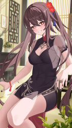 Rule 34 | 1girl, absurdres, black nails, blush, bracelet, breasts, brown hair, cleavage cutout, clothing cutout, dress, flower, flower-shaped pupils, genshin impact, hair between eyes, highres, hu tao (genshin impact), jewelry, jumonji, long hair, looking at viewer, medium breasts, pelvic curtain, red eyes, short sleeves, shorts, smile, solo, symbol-shaped pupils, thighs, twintails, very long hair
