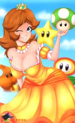 Rule 34 | 1-up mushroom, 1girl, 1up, ;d, adapted costume, armpits, bare shoulders, bent over, black eyes, blue eyes, blue gemstone, blue sky, blurry, blurry background, blush, body freckles, breasts, brooch, cleavage, collarbone, cowboy shot, crown, day, depth of field, detached collar, downblouse, dress, female focus, fire flower, freckles, gem, glint, grin, hanging breasts, highres, holding, jewelry, large breasts, long hair, looking at viewer, mario (series), mushroom, neck, nintendo, off-shoulder dress, off shoulder, one eye closed, open mouth, orange dress, parted lips, princess daisy, puffy short sleeves, puffy sleeves, rainbowscreen, short hair, short sleeves, sky, smile, smiley face, solo, sparkle, standing, star (symbol), super star (mario), super leaf, super mario bros. 3, super mario land, teeth, wink, yellow dress