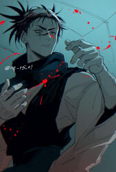 Rule 34 | 1boy, black hair, black vest, blood, blue background, choso (jujutsu kaisen), closed mouth, cowboy shot, facial tattoo, fighting stance, hands up, jujutsu kaisen, male focus, robe, rq rs 01, short hair, short twintails, solo, standing, tattoo, twintails, v-shaped eyebrows, vest, white robe, wide sleeves
