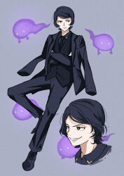 Rule 34 | 1boy, absurdres, black hair, black jacket, black necktie, black suit, black vest, bungou stray dogs, closed mouth, collared shirt, commentary request, earrings, formal, full body, grin, highres, jacket, jacket on shoulders, jewelry, long sleeves, male focus, multiple views, mushitarou oguri (bungou stray dogs), necktie, norimizu, pants, shirt, short hair, simple background, smile, suit, teeth, vest, yellow eyes