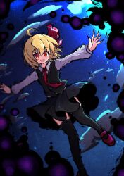 Rule 34 | 1girl, ahoge, black skirt, black thighhighs, blonde hair, blush, cloud, collared shirt, darkness, fangs, fingernails, hair between eyes, hair ribbon, highres, long sleeves, neck bobbles, necktie, open mouth, outstretched arms, red eyes, red footwear, red necktie, ribbon, rumia, sharp fingernails, shen li, shirt, short hair, skirt, solo, spread arms, thighhighs, touhou, vest, white shirt