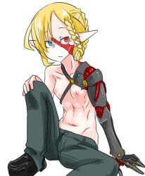 Rule 34 | 1girl, amputee, blonde hair, braid, breasts, female focus, french braid, heterochromia, navel, nipples, null (null man), original, pants, pointy ears, prosthesis, reverse trap, scar, scar on face, simple background, small breasts, solo, topless, white background