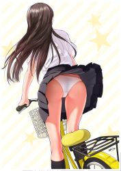 Rule 34 | 1girl, ass, bicycle, bicycle seat, blouse, blue skirt, brown hair, clothes lift, dutch angle, from behind, full body, long hair, multicolored background, nanahime, original, panties, pantyshot, pleated skirt, school uniform, shirt, signature, skirt, skirt lift, sleeves rolled up, solo, thighs, underwear, uniform, wardrobe malfunction, white panties, white shirt