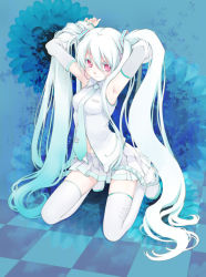 Rule 34 | 1girl, albino, alternate color, aqua hair, aqua nails, armpits, checkered floor, colorized, ginta, hatsune miku, kneeling, long hair, nail polish, necktie, perspective, pink eyes, skirt, solo, thighhighs, twintails, very long hair, vocaloid, white thighhighs, zettai ryouiki