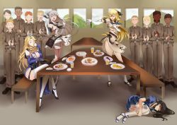 Rule 34 | 4girls, anchor necklace, belt, beta (joutarou), black bra, black footwear, black ribbon, blonde hair, blue dress, blue footwear, blue gloves, blue ribbon, bra, braid, bread, breasts, bridal gauntlets, cleavage, closed eyes, commentary, cup, dancing, dress, drinking, egg, elbow gloves, engagement ring, flower, folding fan, food, french braid, garter straps, gloves, green ribbon, grey hair, hair flower, hair ornament, hair ribbon, hand fan, highres, indoors, iowa (pacific), jewelry, kantai collection, kimi no na wa., kneehighs, lace, lace-trimmed legwear, lace trim, large breasts, layered dress, long hair, lying, medium breasts, meme, missouri (pacific), miyamizu mitsuha, mole, mole under eye, multicolored ribbon, multiple girls, music, necklace, new jersey (pacific), no headwear, on side, open mouth, ornate ring, pacific (kancolle), pancake, panties, puffy short sleeves, puffy sleeves, ribbon, ribbon-trimmed legwear, ribbon trim, ring, sailor dress, sash, short sleeves, sideboob, singing, smile, socks, star (symbol), star necklace, teacup, thighhighs, tiara, twitter username, underwear, very long hair, white gloves, white legwear, white panties, wisconsin (pacific)