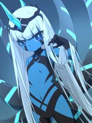 Rule 34 | 001 (darling in the franxx), 1girl, blue eyes, blue horns, blue nails, blue skin, blue theme, blunt bangs, child, closed mouth, colored skin, darling in the franxx, flat chest, highres, horns, keven (ewdx3754), long hair, looking at viewer, monochrome, nail polish, navel, single horn, solo, standing, very long hair, white hair