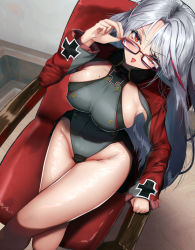 Rule 34 | 1girl, adapted costume, adjusting eyewear, azur lane, bad id, bad twitter id, bespectacled, blush, breasts, chair, crossed legs, from above, glasses, greengerx, grey leotard, indoors, large breasts, leotard, long hair, looking at viewer, looking up, mole, mole on breast, multicolored hair, prinz eugen (azur lane), red-framed eyewear, red eyes, red hair, red sleeves, shiny skin, sideboob, silver hair, sitting, skindentation, solo, streaked hair, tongue, tongue out, two-tone hair, very long hair