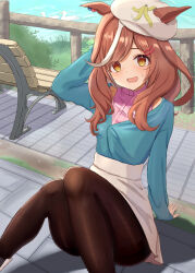 Rule 34 | 1girl, absurdres, accident, alternate costume, animal ears, arm behind head, banana peel, bench, blush, breasts, brown hair, brown pantyhose, casual, duplicate, fence, filkia, hair ornament, hat, highres, horse ears, horse girl, horse tail, looking at viewer, matikane tannhauser (umamusume), medium breasts, medium hair, open mouth, pantyhose, pixel-perfect duplicate, skirt, solo, sweat, tail, umamusume, white hat, white skirt