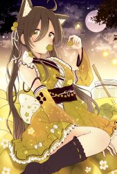 Rule 34 | 1girl, ahoge, animal ear fluff, animal ears, bare shoulders, between legs, black bow, black sky, black socks, blush, bottle, bow, breasts, brown hair, brown sky, cat ears, cloud, commentary request, detached sleeves, food, food in mouth, full moon, gradient sky, green eyes, green kimono, green sleeves, hair between eyes, hair ribbon, hand between legs, highres, holding, holding food, japanese clothes, kimono, kimono skirt, kneehighs, long hair, long sleeves, medium breasts, moon, mouth hold, no shoes, obi, original, personification, plum, ribbon, ribbon-trimmed legwear, ribbon trim, sakura oriko, sash, sitting, sky, sleeveless, sleeveless kimono, socks, solo, twintails, very long hair, wariza, white bow, white ribbon, wide sleeves