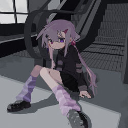 Rule 34 | 1girl, 3d background, absurdres, album cover, black footwear, black skirt, black sweater, borrowed character, breasts, closed mouth, cover, escalator, expressionless, hair between eyes, hair bobbles, hair ornament, hairclip, heterochromia, highres, indoors, kneehighs, knees together feet apart, knees up, long hair, long sleeves, looking at viewer, loose socks, low twintails, on floor, original, pink eyes, pleated skirt, purple eyes, purple hair, purple socks, shoes, single sidelock, sitting, skirt, small breasts, sneakers, socks, solo, striped clothes, striped socks, sweater, twintails, usedcvnt, very long hair, x hair ornament