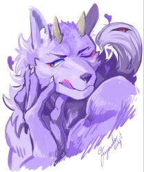 Rule 34 | 1boy, animal ears, bara, bathym (housamo), eyeliner, fingernails, furry, furry male, fuyodo, green eyes, heart, horns, licking lips, looking to the side, male focus, muscular, muscular male, portrait, purple fur, red eyeliner, sharp fingernails, signature, simple background, solo, tail, tokyo houkago summoners, tongue, tongue out, white background, wolf boy, wolf ears