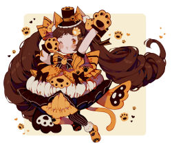 Rule 34 | 1girl, ;3, animal ear fluff, animal ears, animal hands, arm up, asymmetrical footwear, asymmetrical legwear, back bow, bell, black bow, black bowtie, black choker, black nails, blush stickers, bow, bowtie, brown hair, bubble skirt, cat brooch, cat ears, cat hair ornament, cat tail, chibi, choker, commentary, commission, cross-laced clothes, cross-laced dress, deviantart sample, dress, drill hair, english commentary, eyelashes, frilled skirt, frills, gloves, hair bow, hair ornament, hairclip, halloween, hand on own head, heart, image sample, layered skirt, littlebluemuffin, long hair, mary janes, miniskirt, mismatched footwear, neck bell, one eye closed, open mouth, orange bow, orange dress, orange eyes, orange footwear, orange gloves, orange shorts, orange theme, original, pantyhose, paw gloves, paw hair ornament, paw print, paw print pattern, petticoat, puffy short sleeves, puffy sleeves, shoes, short sleeves, shorts, single leg pantyhose, skirt, smile, solo, square, striped bow, striped bowtie, striped clothes, striped pantyhose, striped sleeves, tail, twintails, two-tone bow, vertical-striped clothes, vertical-striped pantyhose, very long hair, white background, white skirt